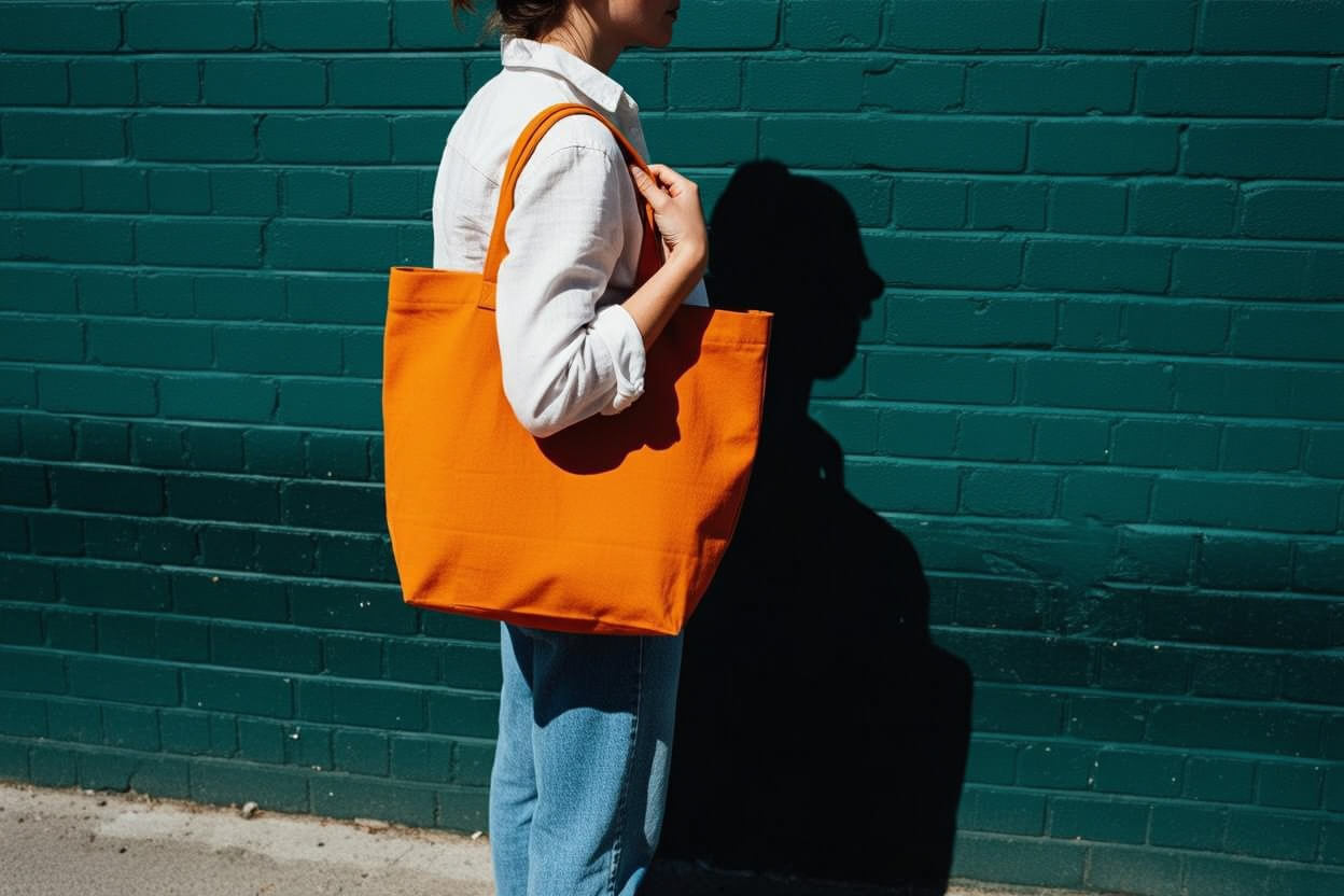 A person wearing a white shirt and blue jeans stands against a green brick wall, holding a bright orange tote bag over their shoulder. The scene is brightly lit, casting a shadow on the wall.