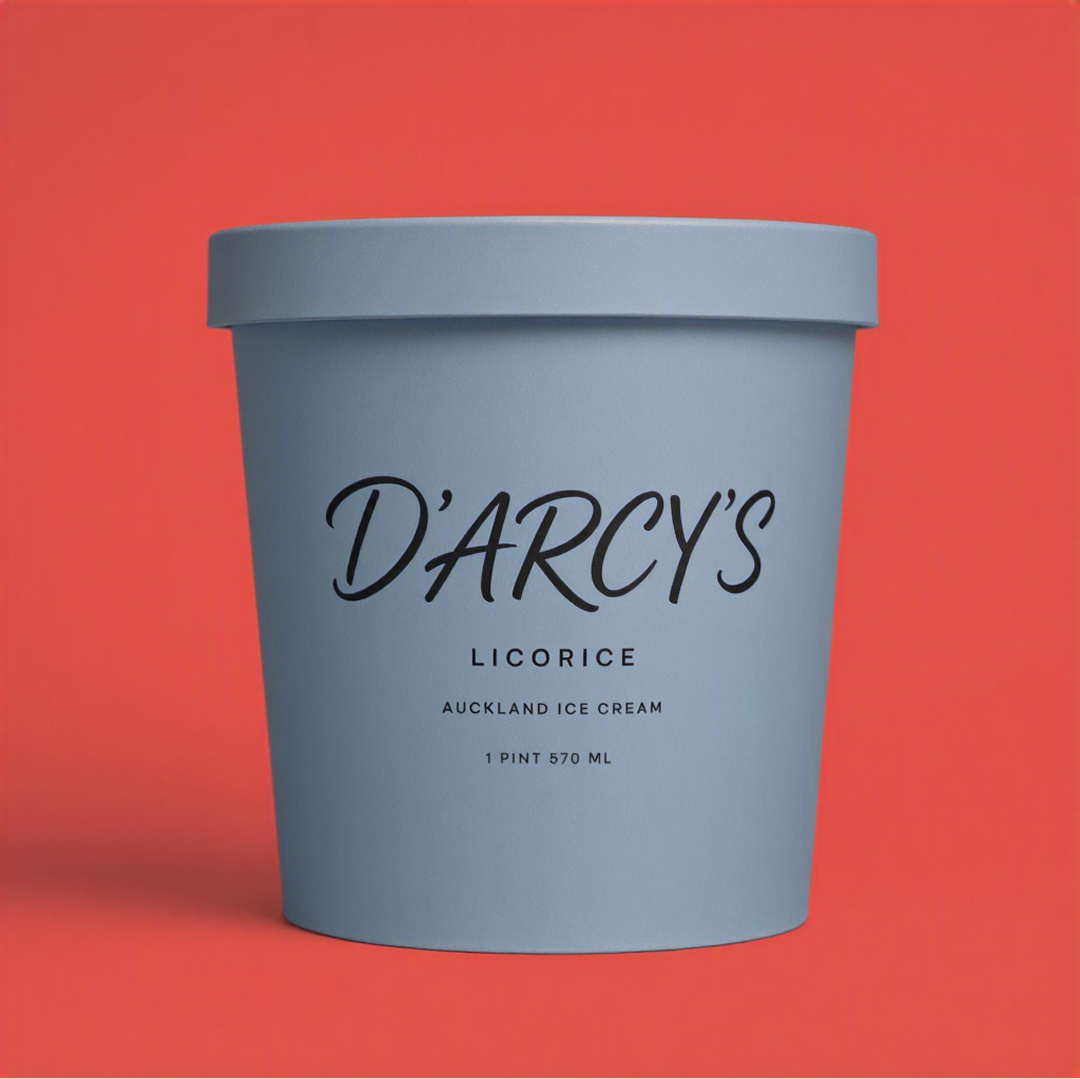 A blue ice cream pint container labeled "D'ARCY'S LICORICE AUCKLAND ICE CREAM 1 PINT 570 ML" is displayed against a solid red background.
