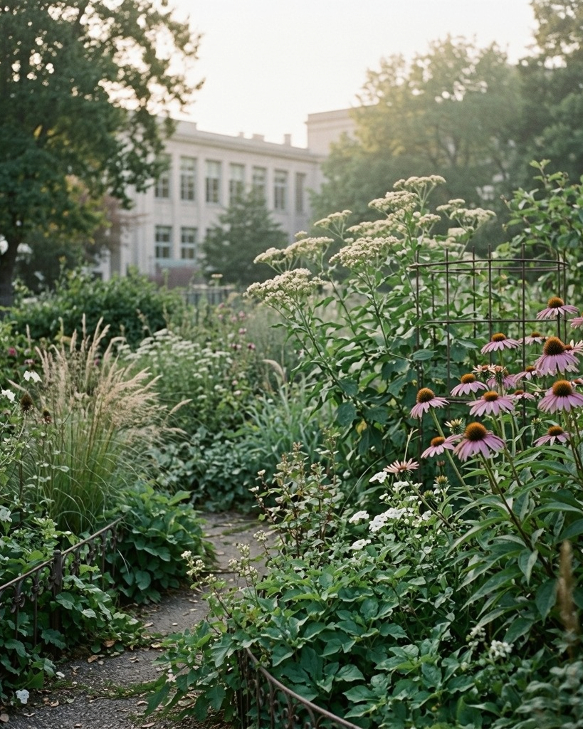 A lush garden with tall grasses, purple coneflowers, and wildflowers borders a winding path, with a large, light-colored building visible in the background among green trees.