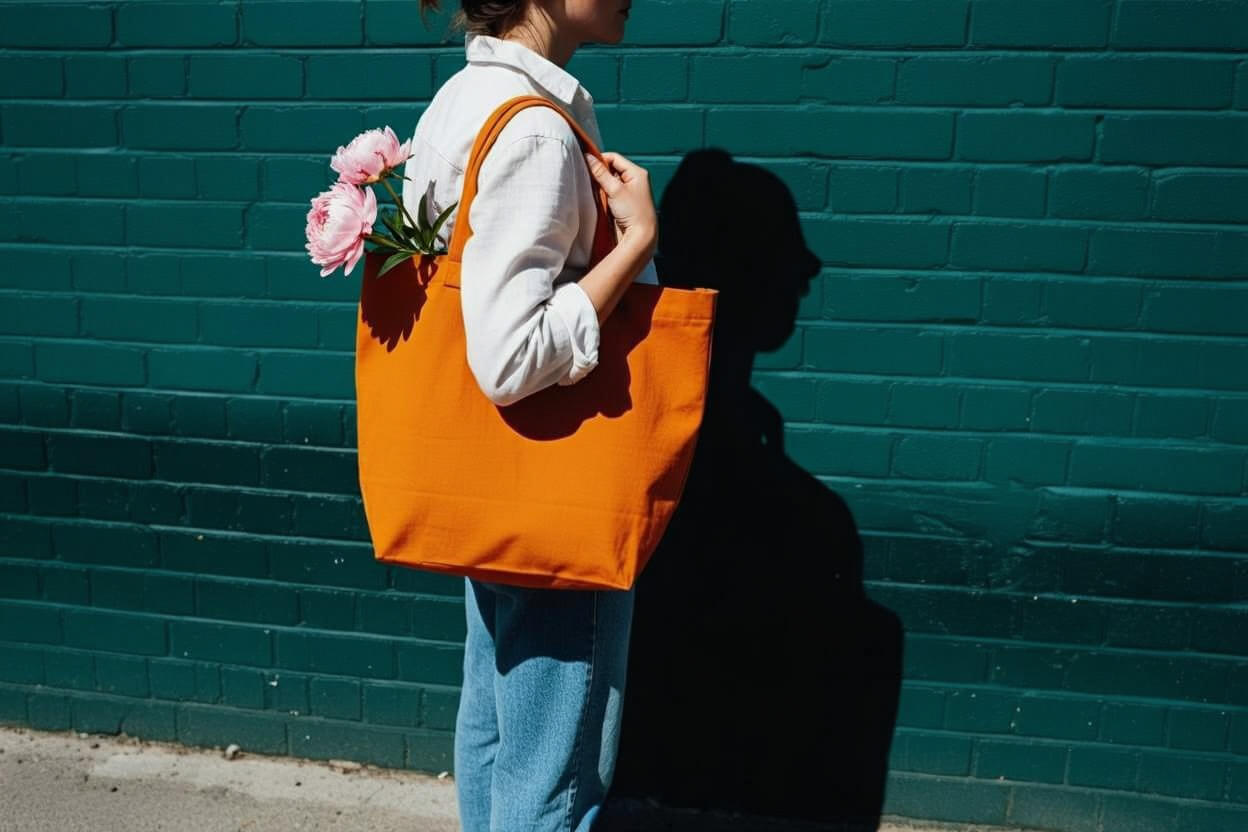 A person stands sideways against a green brick wall, carrying an orange tote bag over their shoulder with pink flowers peeking out. They wear a white shirt and blue jeans.