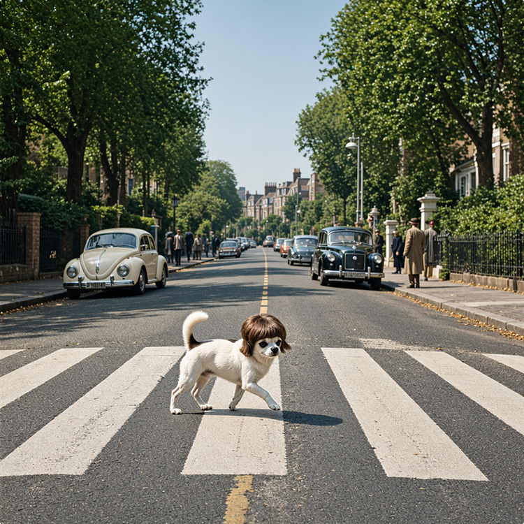 A small dog wearing a wig and sunglasses walks on a crosswalk, mimicking the Abbey Road album cover, with vintage cars and people in the background.