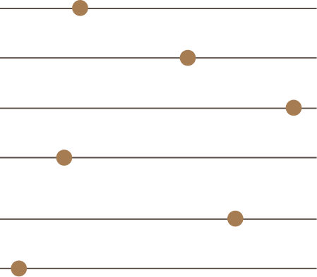 A minimalist graphic with five horizontal lines and five brown circles, each circle placed on a different line, in varying horizontal positions. The background is light grey.