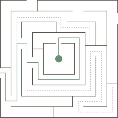 A square maze with a green path leading from the bottom left entrance to the center, marked by a green dot. The maze has solid black walls and dotted inner lines.
