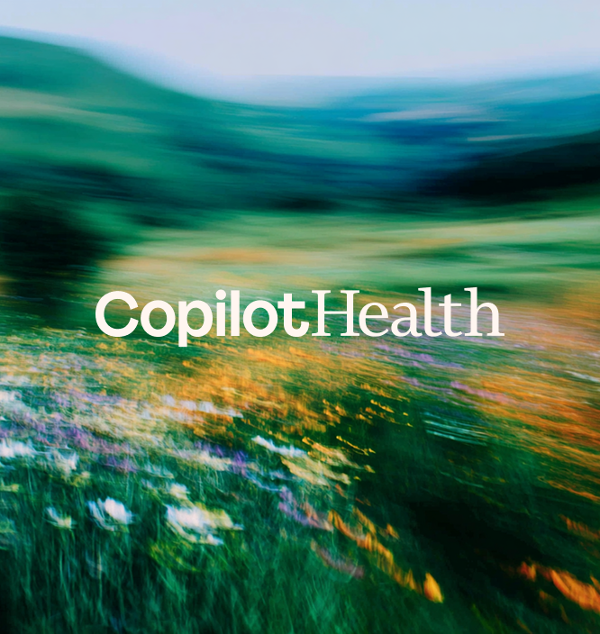 Blurry image of a colorful wildflower field with hills in the background. The text "Copilot Health" is centered over the scene in large, clear white letters.