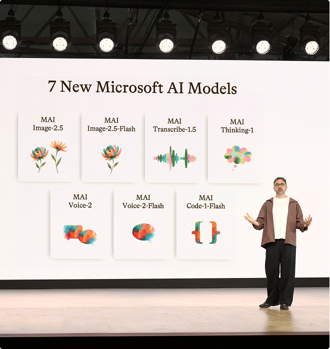 A presenter stands on stage beside a screen displaying "7 New Microsoft AI Models," with colorful icons representing MAI Image-2.5, MAI Image-2.5-Flash, MAI Transcribe-1.5, MAI Thinking-1, MAI Voice-2, MAI Voice-2-Flash, and MAI Code-1-Flash.