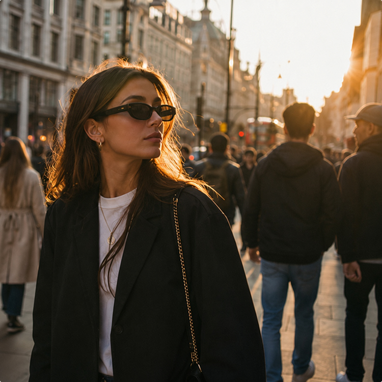 A woman in dark sunglasses and a black jacket stands on a busy city street at sunset, with sunlight illuminating her face. People walk around her, and historic buildings line the street.