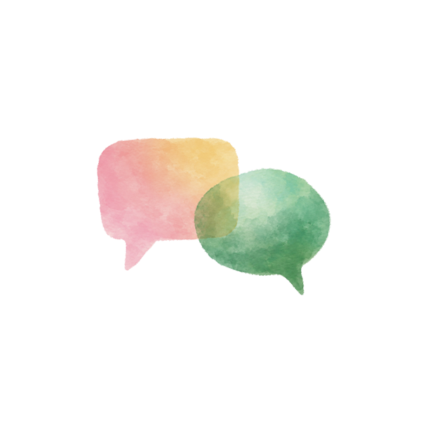 Two watercolor speech bubbles overlapping on a light background; one bubble is pink and yellow, the other is green.