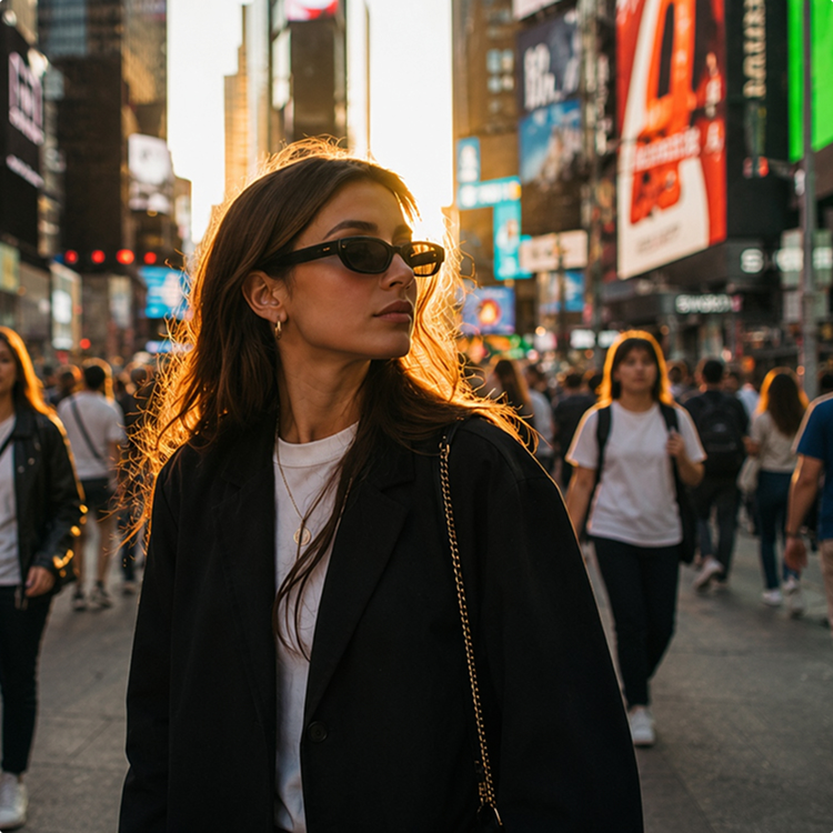 A woman in sunglasses and a black jacket stands in a busy city street at sunset, with crowds and colorful billboards in the background.