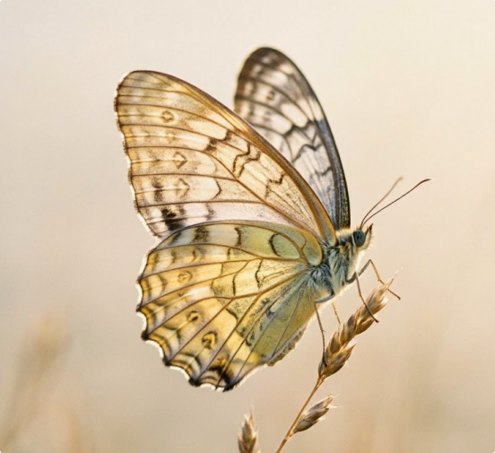 A close-up of a pale yellow and brown butterfly perched on the tip of a dry grass stem, with delicate, patterned wings and a soft, blurred background.