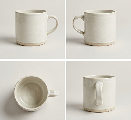 Four views of a plain, off-white ceramic mug with a handle: front, side, top, and back, displayed against a neutral background. The mug has a simple, minimalist design with a slightly rustic finish.