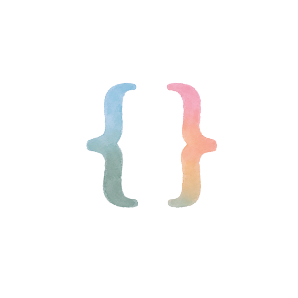 Two large watercolor curly brackets face each other on a white background. The left bracket is blue and green, while the right bracket is pink and orange.