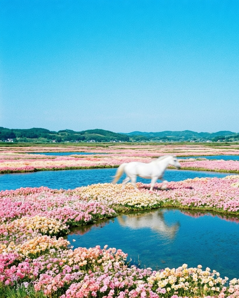 A white horse runs through a colorful field of pink and yellow flowers, reflected in calm water under a bright blue sky with distant green hills.