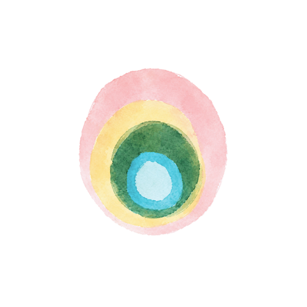 Watercolor painting of concentric ovals in blue, green, yellow, and pink, centered on a light gray background.