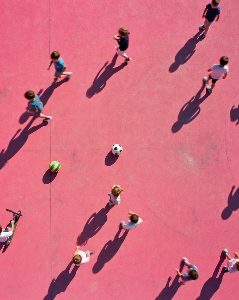 Aerial view of children playing on a pink court with a soccer ball and a green-yellow ball. Long shadows stretch across the ground, and one child is riding a scooter.