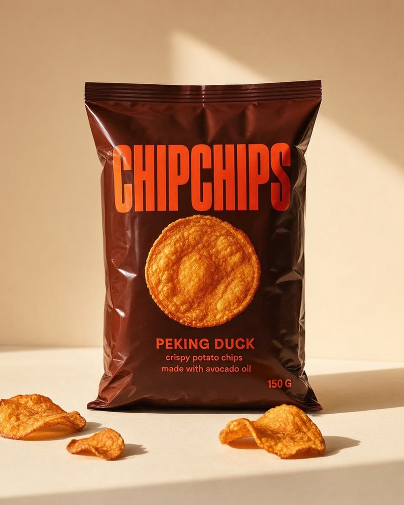 A bag of CHIPCHIPS Peking Duck flavored potato chips stands upright, with a large chip image on the front. A few chips are scattered in the foreground. The bag is dark brown with bold orange text.