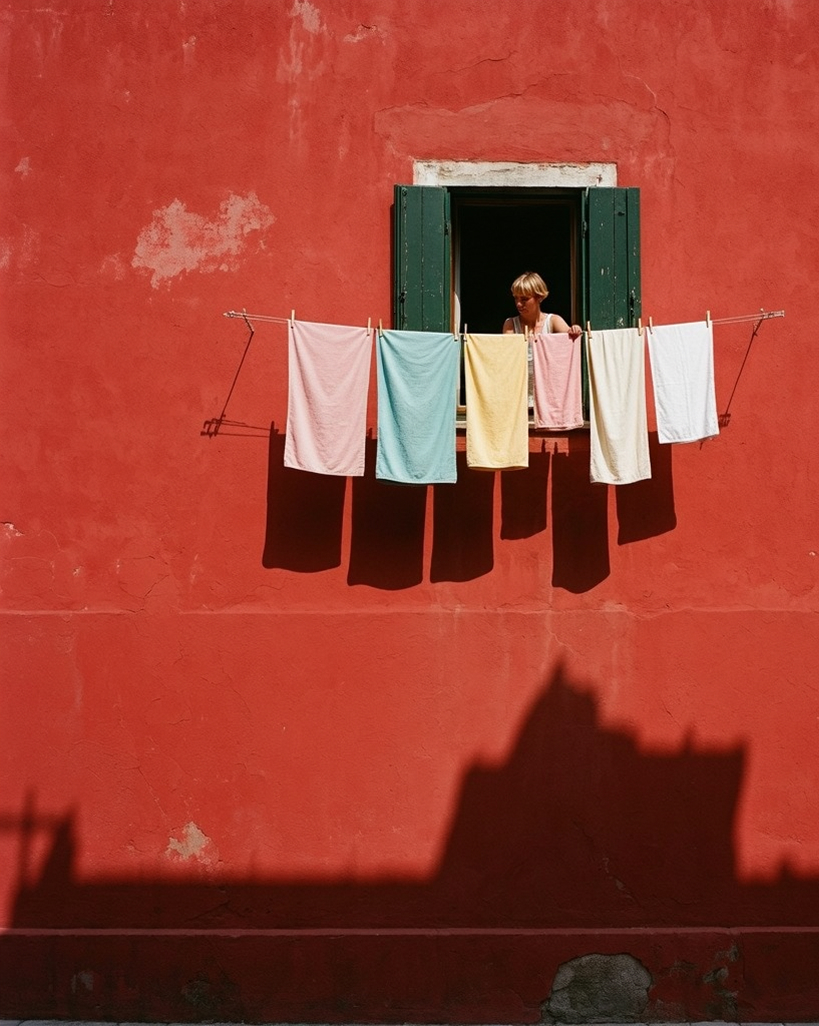 A person leans out of a window with green shutters on a red wall. Colorful laundry hangs on a line below the window, and a large shadow is cast on the wall.