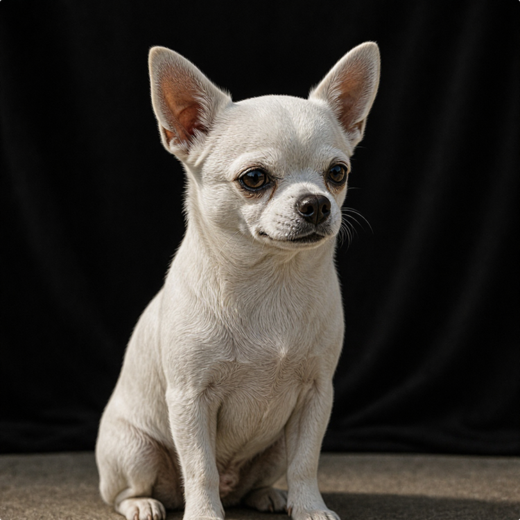 A small, white Chihuahua dog sits on a gray surface in front of a black background, looking slightly to the side.