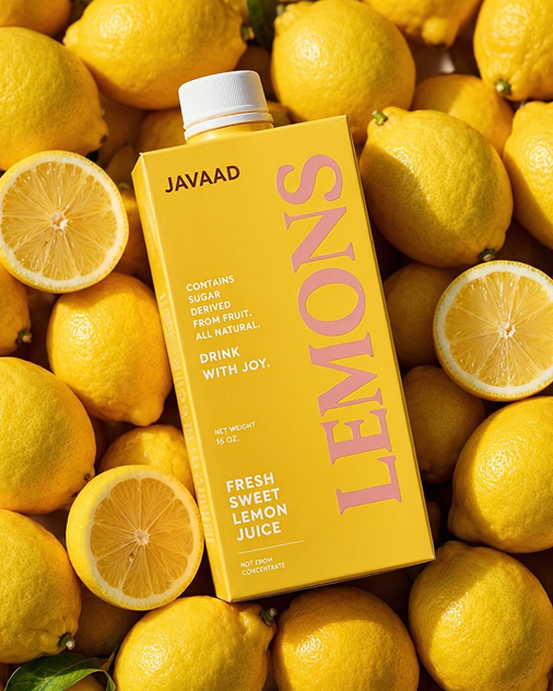 A yellow carton labeled "LEMONS" sits among whole and halved lemons. The carton reads "JAVAAD," "Drink with joy," and "Fresh sweet lemon juice" in bold pink and white text.