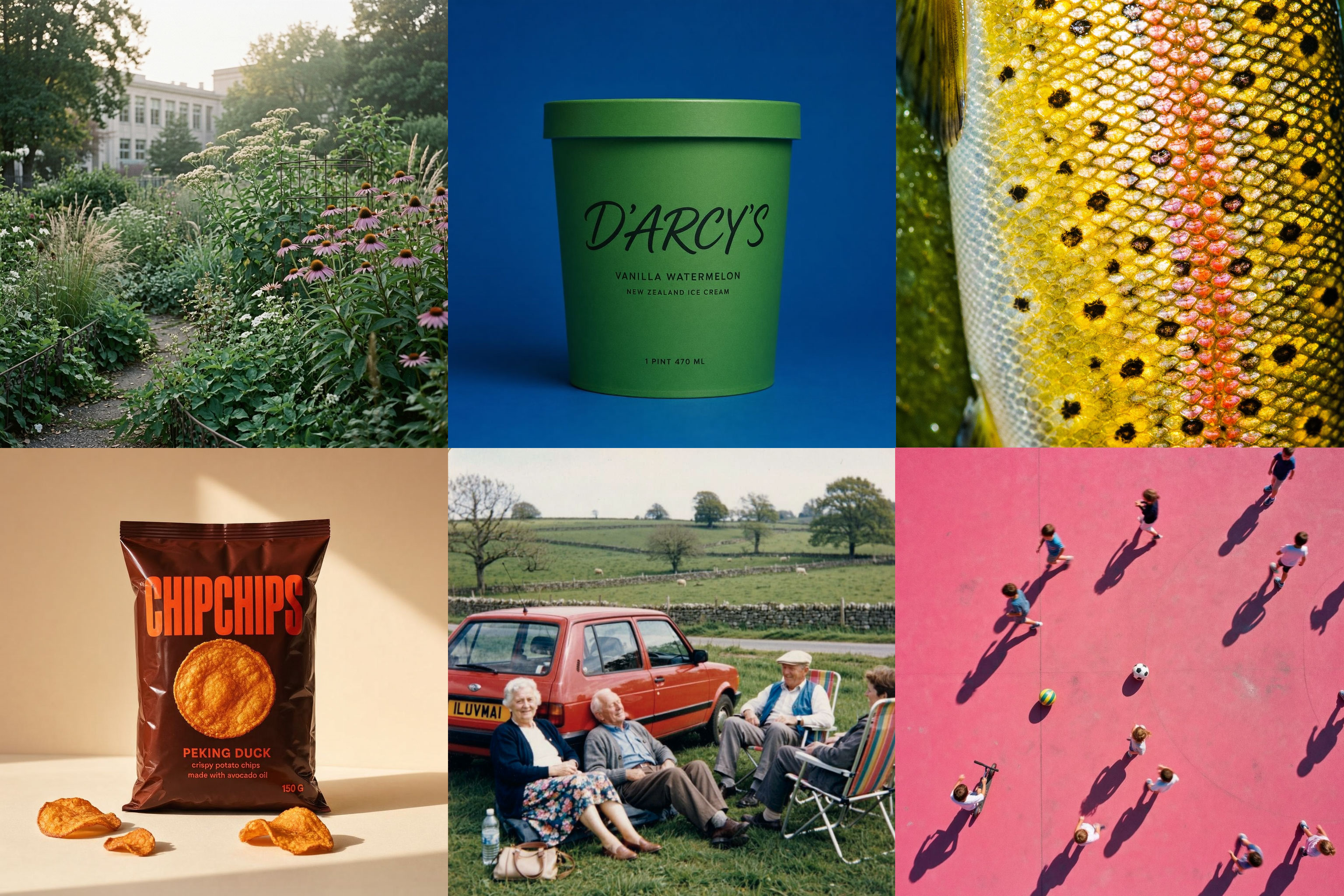 A collage of six images: a garden with flowers, a green ice cream tub labeled "D'Arcy's," a closeup of fish scales, a bag of chips labeled "Chipchips," three people sitting by a red car, and people walking on a pink surface.