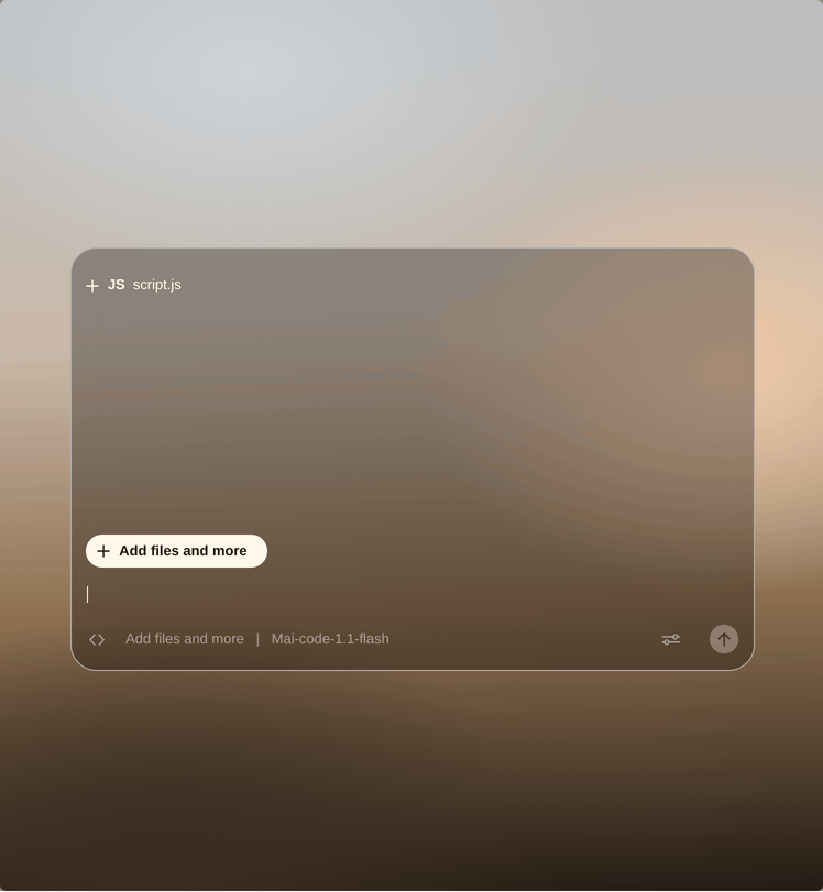 A translucent chat window labeled “JS script.js” displays an “Add files and more” button, with a blurred brown and beige gradient background.