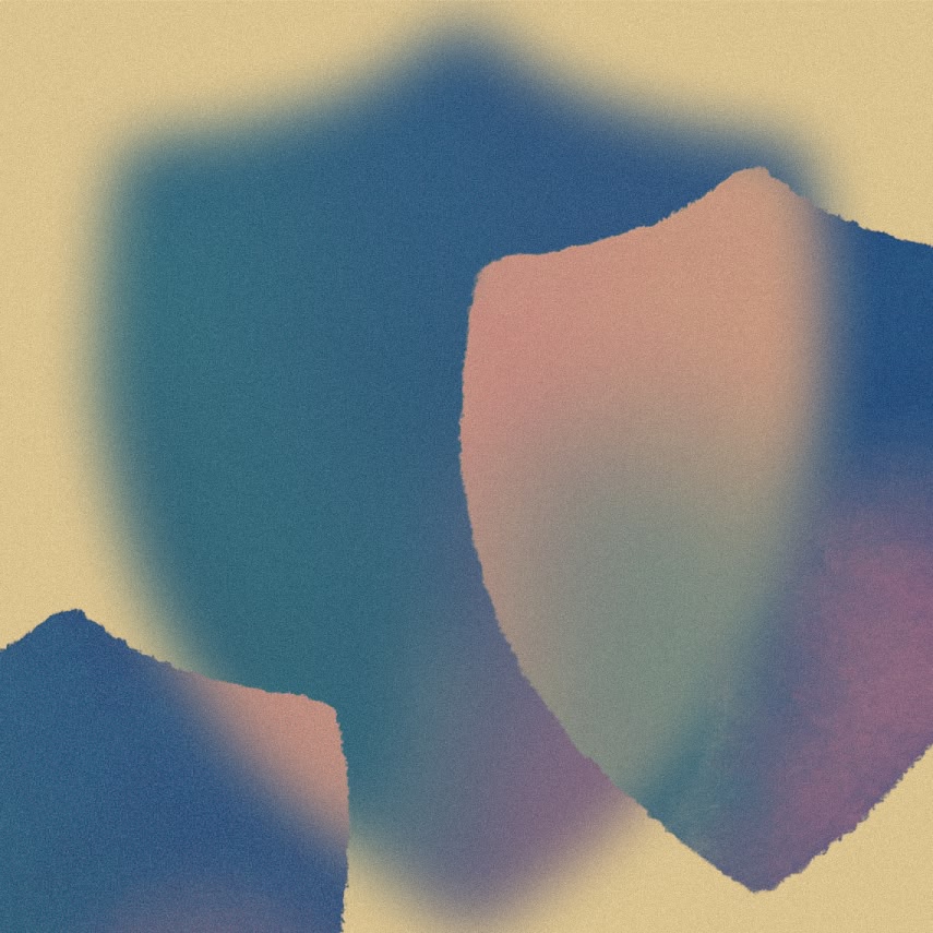Abstract image with overlapping soft-edged shield shapes in muted blue, pink, and beige tones, creating a blurred and blended appearance on a light background.