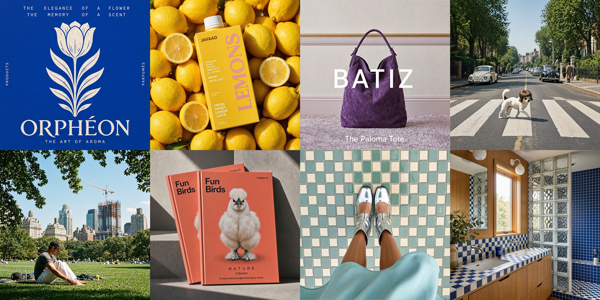 A collage of eight images: perfume ad, lemons with a drink, purple tote bag, dog on a crosswalk, city park, two books about birds, feet on checkered tiles, and a modern bathroom with blue accents.