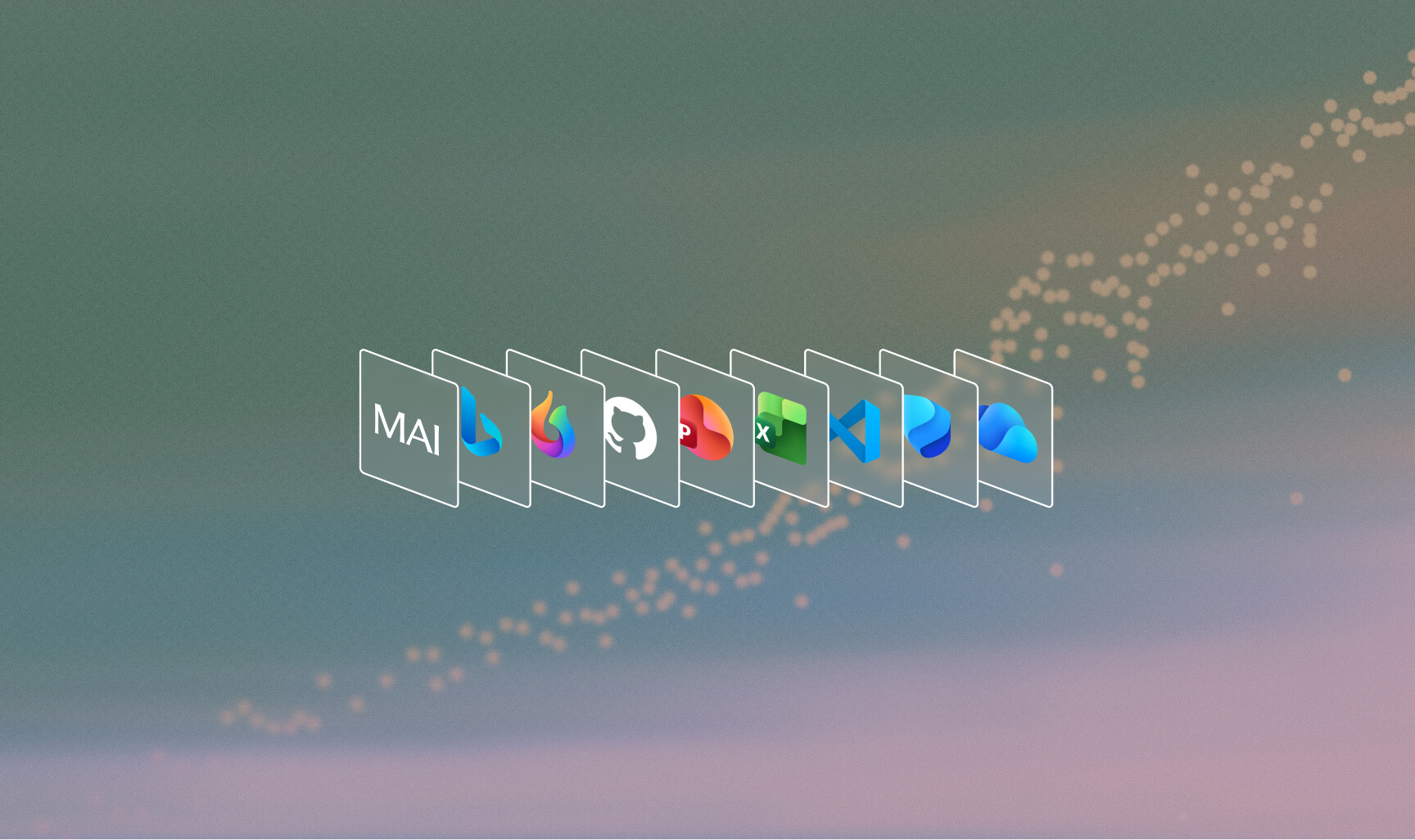 A row of nine translucent panels, each displaying a different application icon, floats against a blurred, abstract pastel background with scattered circular light dots.