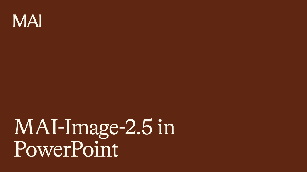 White text on a dark brown background reads: "MAI" in the top left and "MAI-Image-2.5 in PowerPoint" in the bottom left.