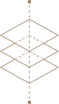 Three overlapping diamond shapes are stacked vertically, each bisected by a dashed vertical line with a solid dot at both the top and bottom ends.