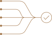 Five lines merge into one path leading to a circle with a check mark, symbolizing convergence or successful completion.