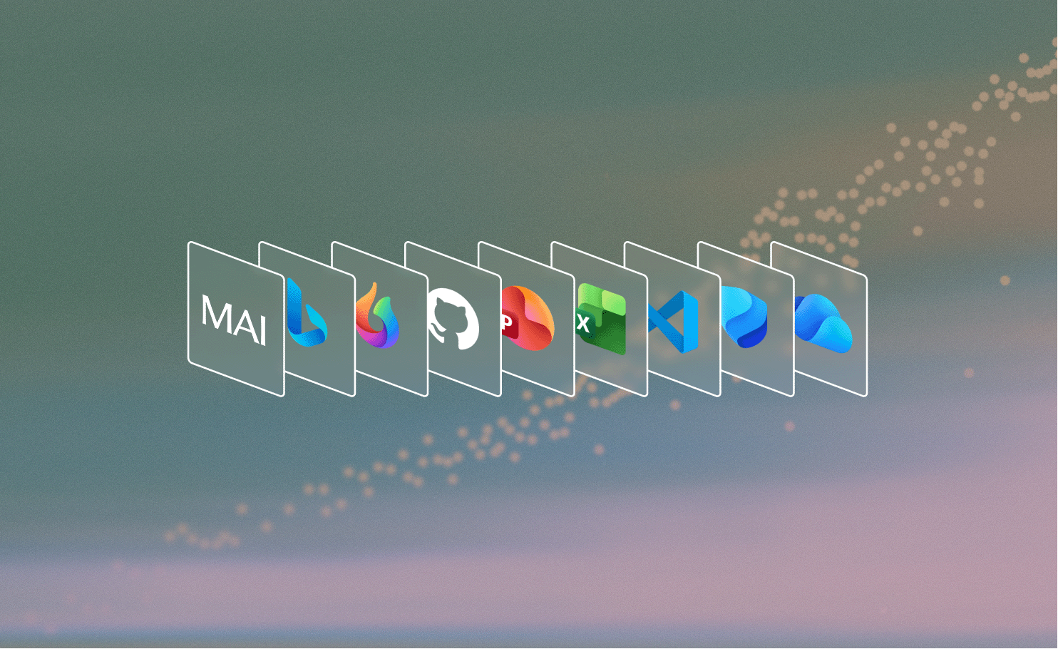 Nine app icons, including mail, JetBrains, GitHub, PowerPoint, Excel, Visual Studio Code, and Microsoft OneDrive, displayed in a row on a blurred green and pink gradient background with dotted lines.