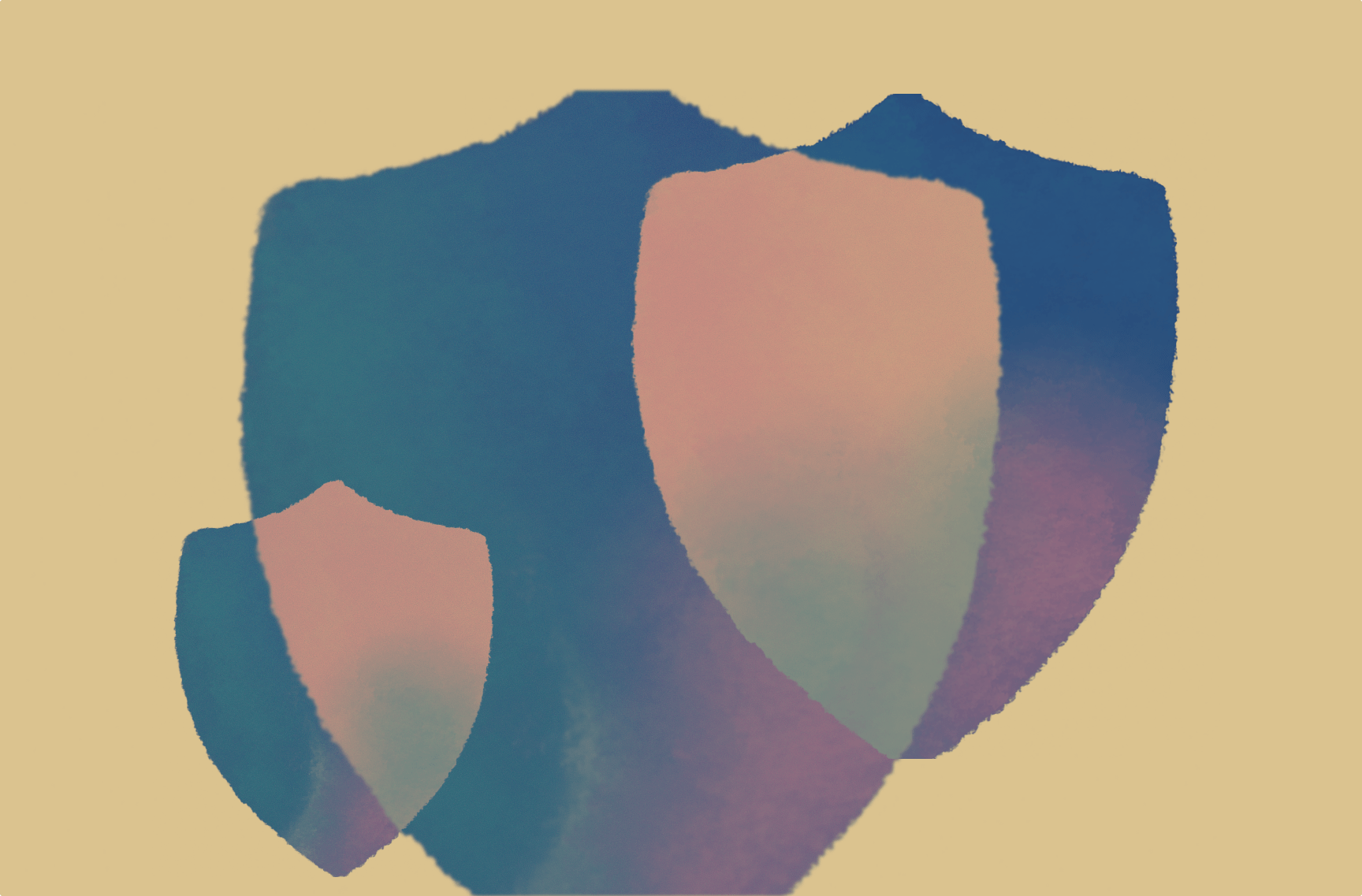 Three shield shapes in blue, pink, and purple gradients overlap on a beige background, with each shield varying in size.