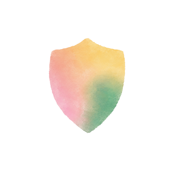 A watercolor-style shield with soft pastel colors blending yellow, pink, and green on a plain white background.