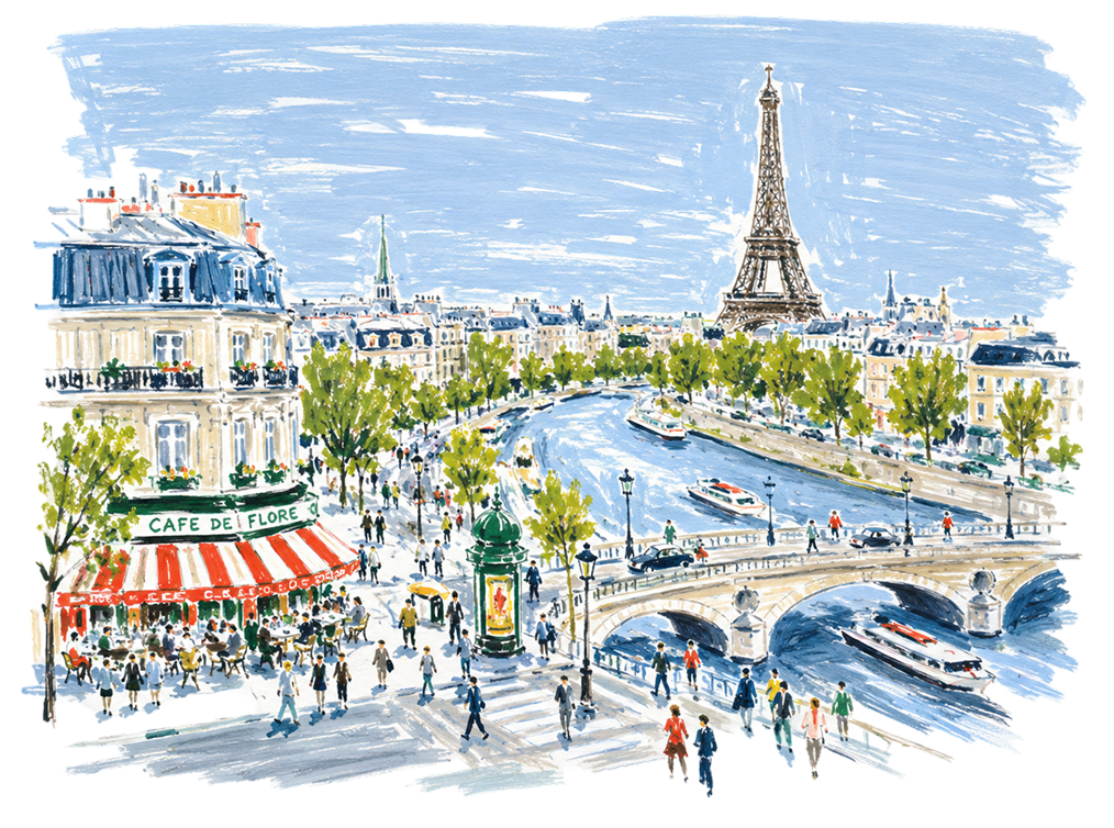 Colorful illustration of Paris with the Eiffel Tower, a river with boats, a bustling street scene, people walking, and the Cafe de Flore with a red and green awning in the foreground.