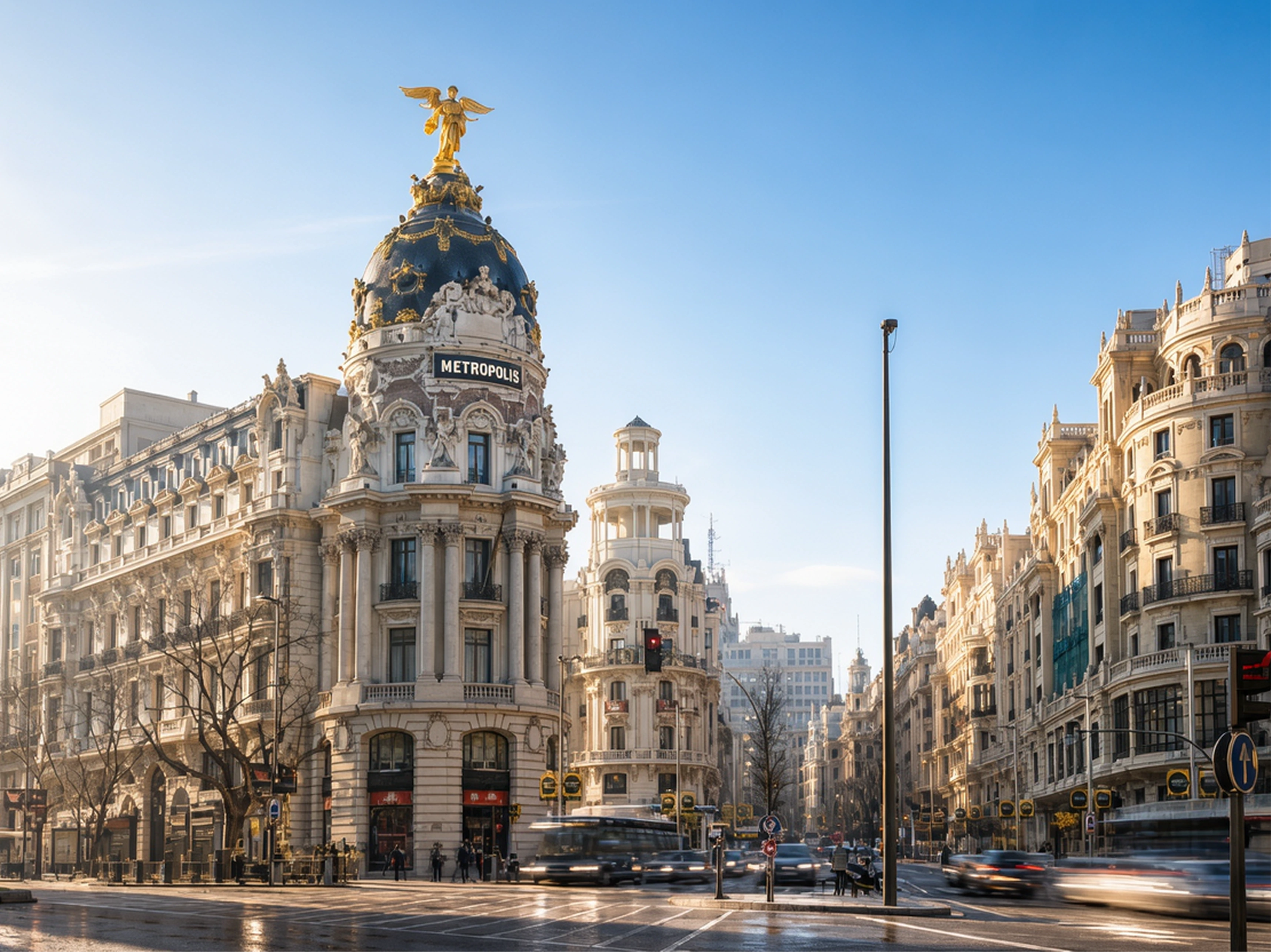 Large ornate Metropolis building in Madrid with a black dome topped by a golden statue. Classical architecture, busy street, and clear blue sky in the background.