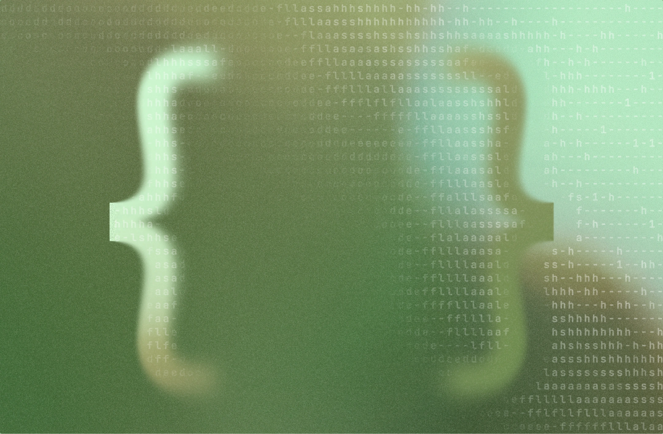 Two large white curly brackets on a green background overlayed with rows of faint text and code-like characters, creating a digital, abstract effect.