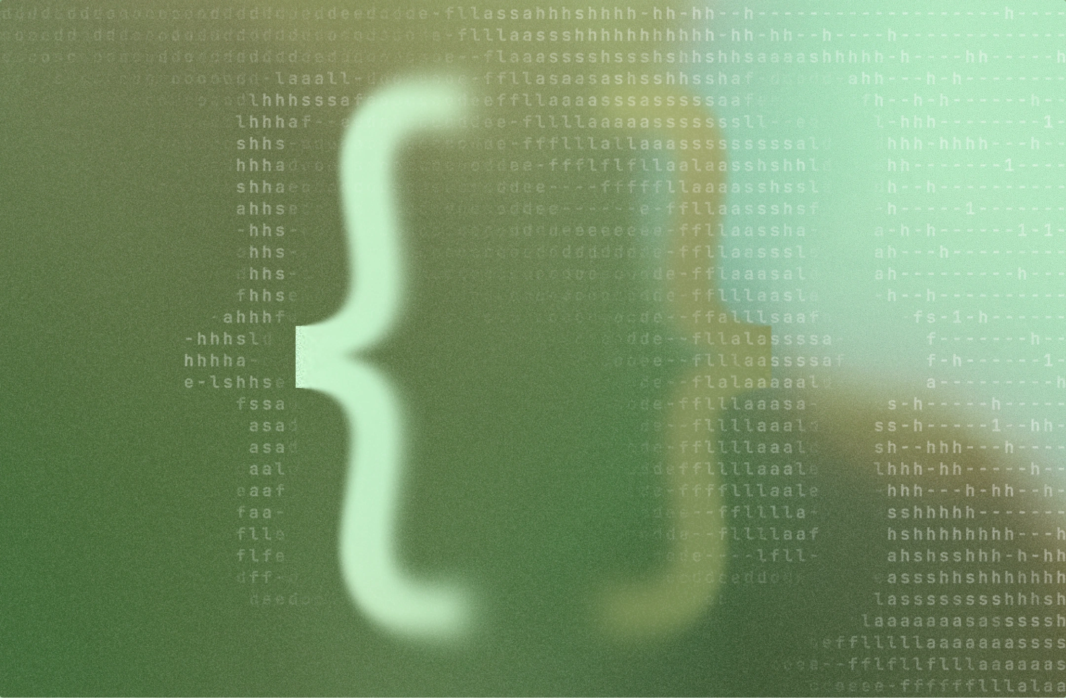 A large white curly bracket is displayed against a greenish, blurred background with rows of small, light-colored letters and symbols scattered across the image.