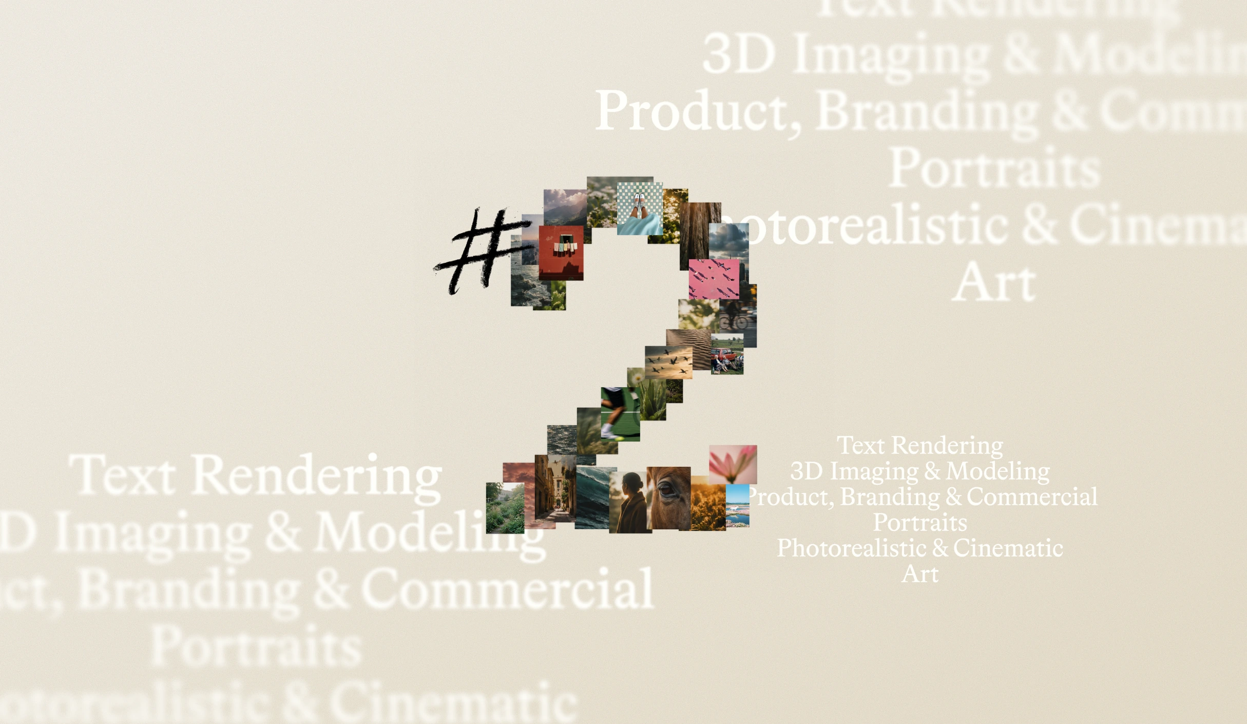 A large number 2 filled with small images of various scenes is centered. Surrounding the number are phrases about imaging, branding, portraits, and art, written in white on a beige background.