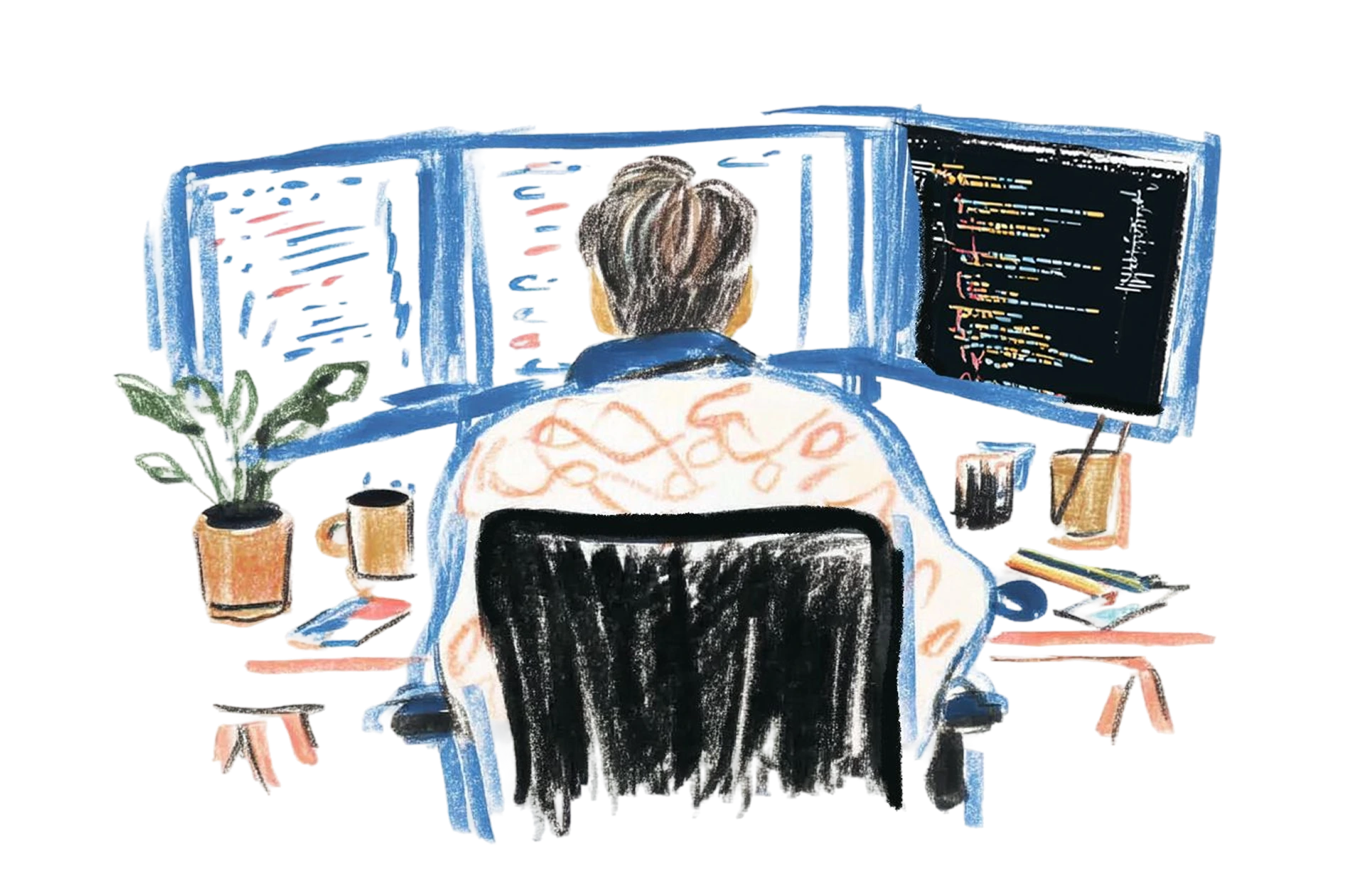 Illustration of a person with a bun sitting at a desk, facing three computer monitors displaying code, surrounded by mugs, a plant, and stationery on the desk. The style is sketch-like with soft colors.