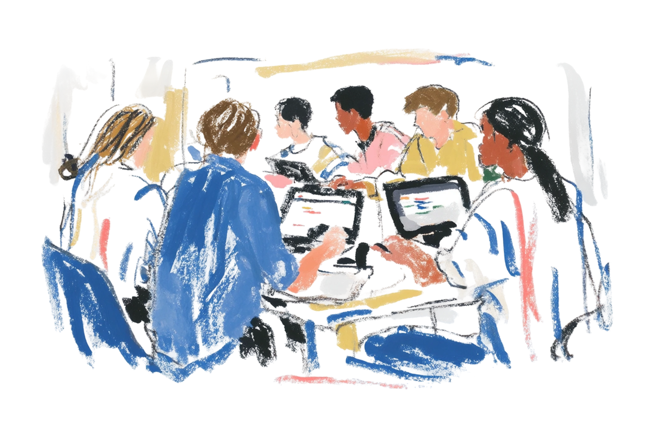 A group of six people sit around a table working on laptops, collaborating in a brightly lit, casual office or classroom setting.