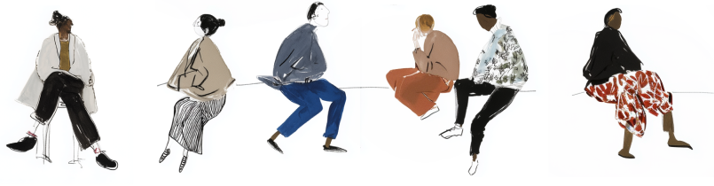 Five fashionably dressed figures, drawn in a minimal, sketchy style, each sitting casually on an invisible line, wearing varied outfits in neutral and patterned fabrics.