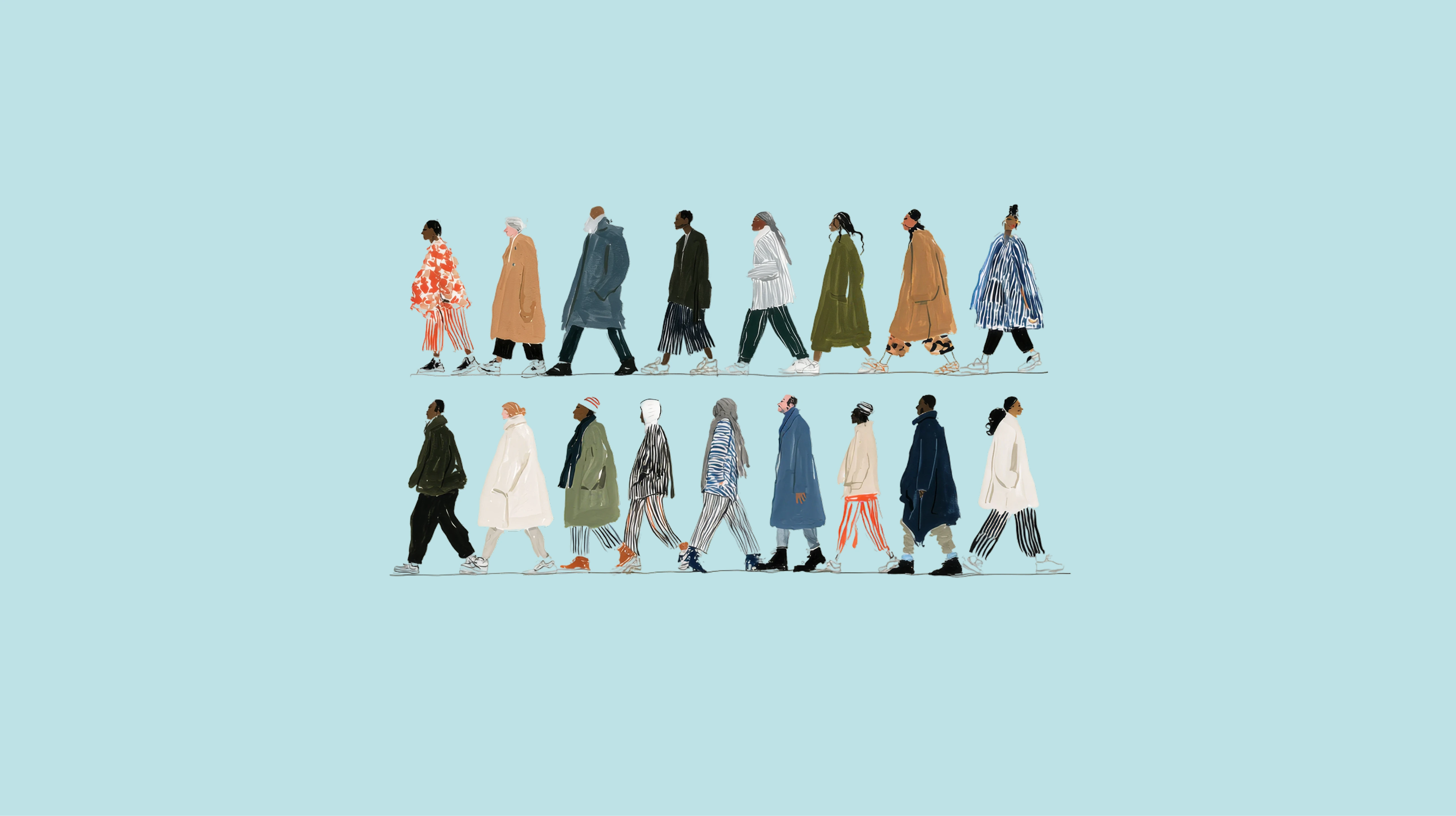 Illustration of two rows of diverse people walking sideways, each wearing colorful, stylish clothing against a light blue background.