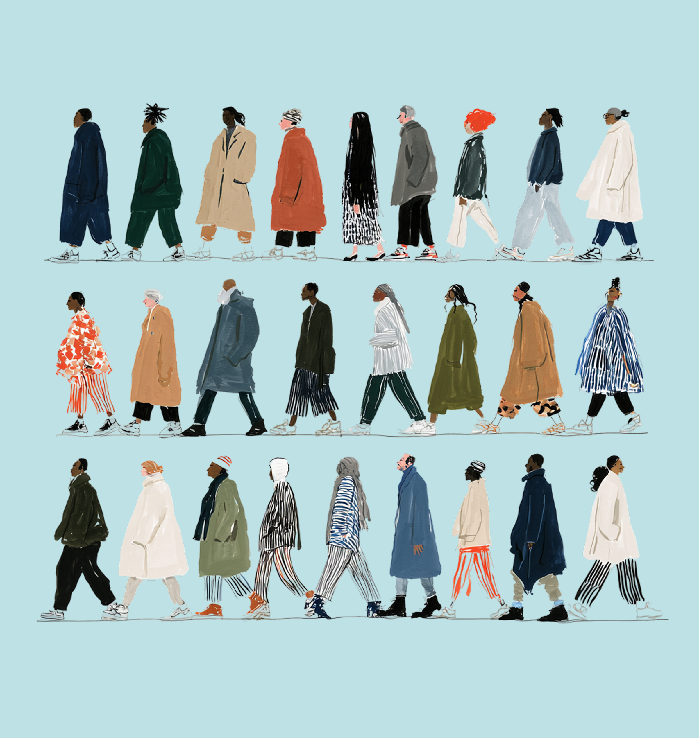 Illustration of twenty-four diverse people walking in two rows against a light blue background, each dressed in unique and colorful clothing styles, with varied hairstyles and accessories.
