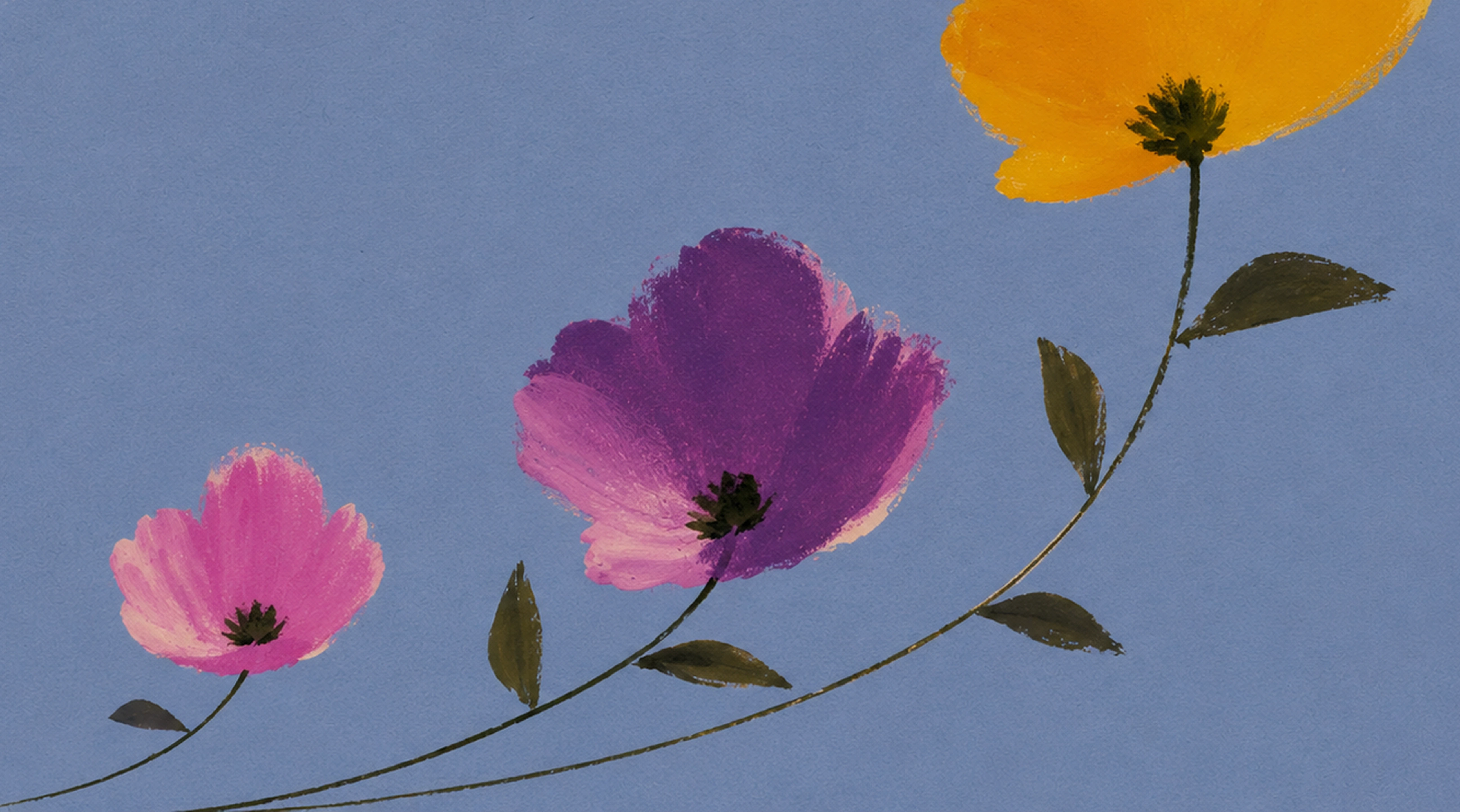 Three painted flowers—pink, purple, and yellow—on thin, curved stems with green leaves, set against a plain blue background.