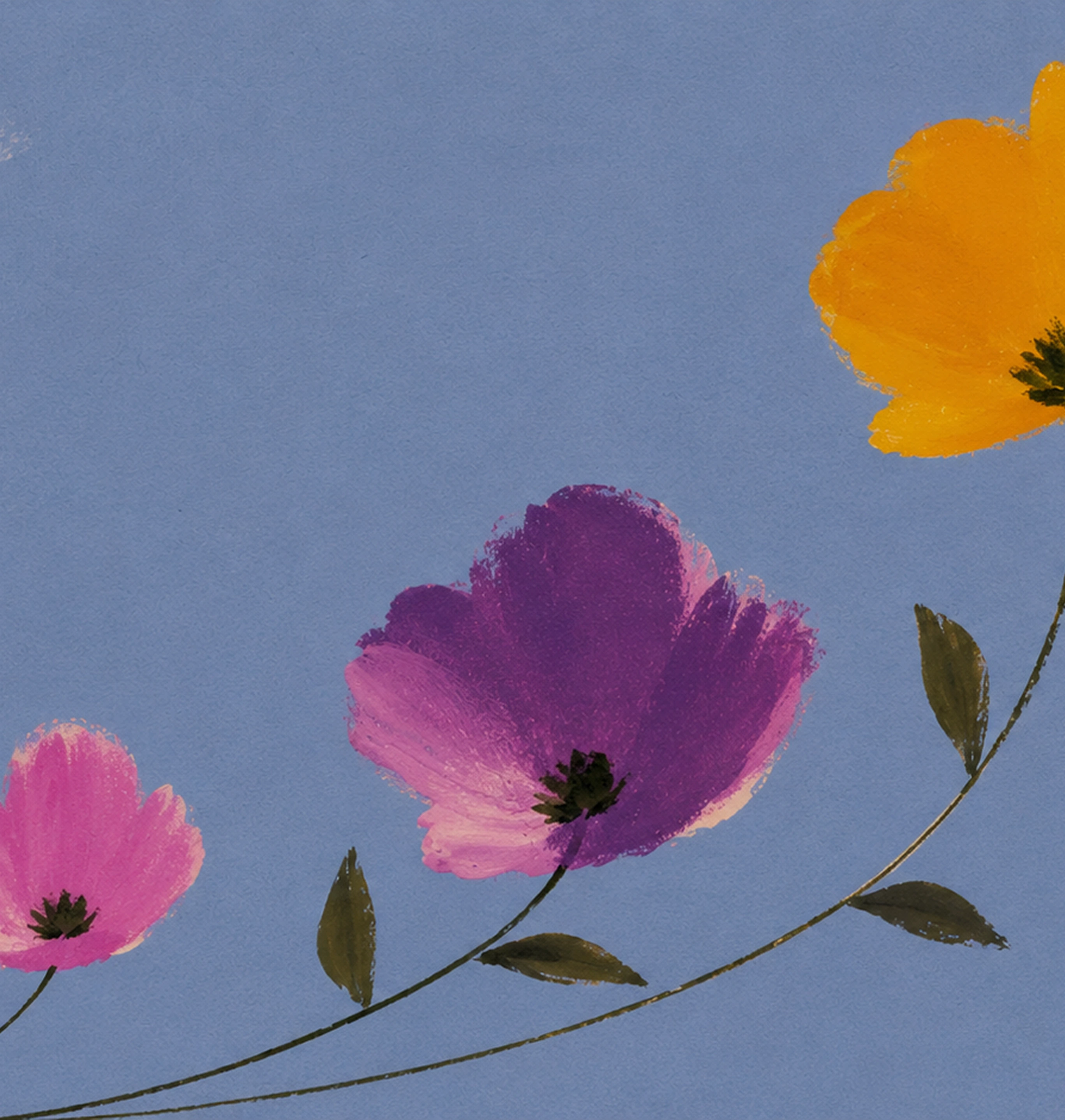 Three painted flowers—one yellow, one purple, and one pink—are connected by a curved vine with green leaves on a blue background.
