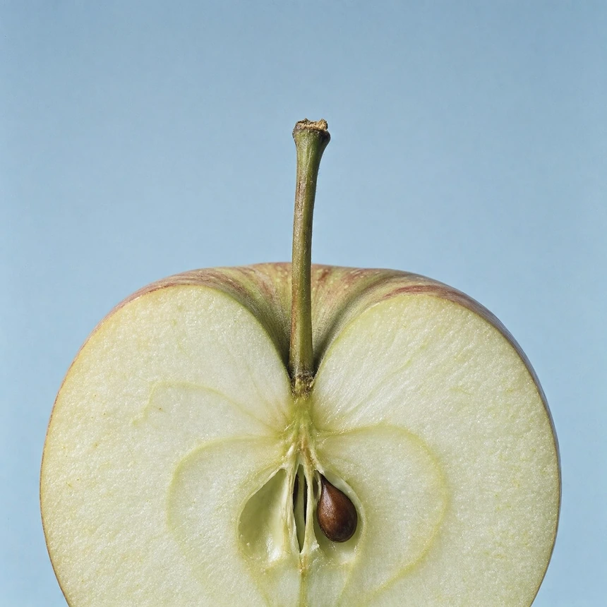 A close-up of a halved apple, showing the seeds and stem against a plain light blue background.