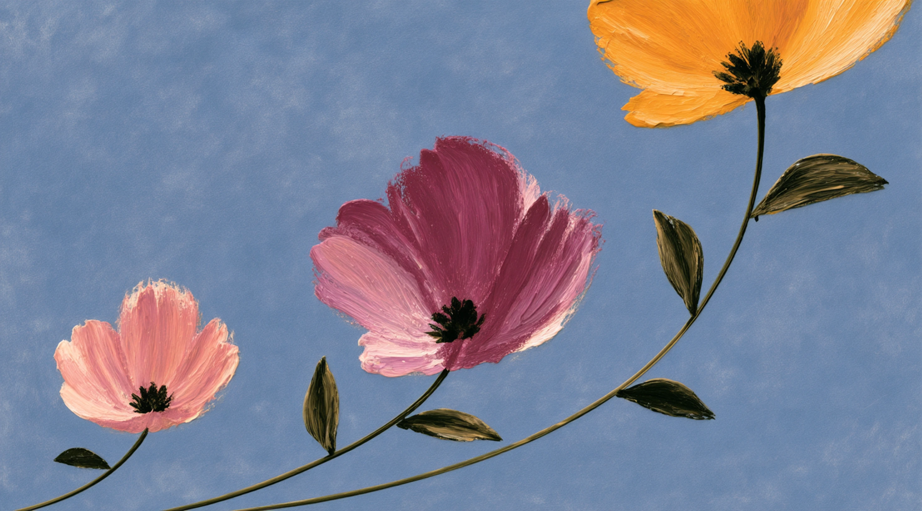 An oil painting on a blue background showing a single curved stem with three flowers: a small pink one, a medium magenta one, and a large orange one.