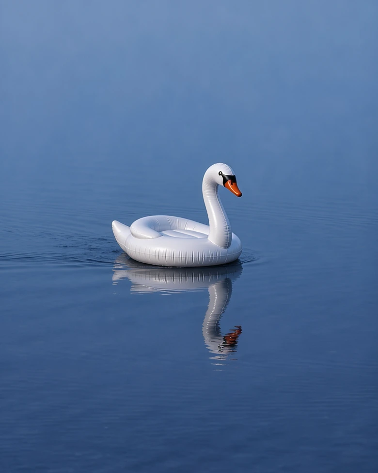 A white inflatable swan float drifts gently on calm, blue water, casting a clear reflection on the surface.