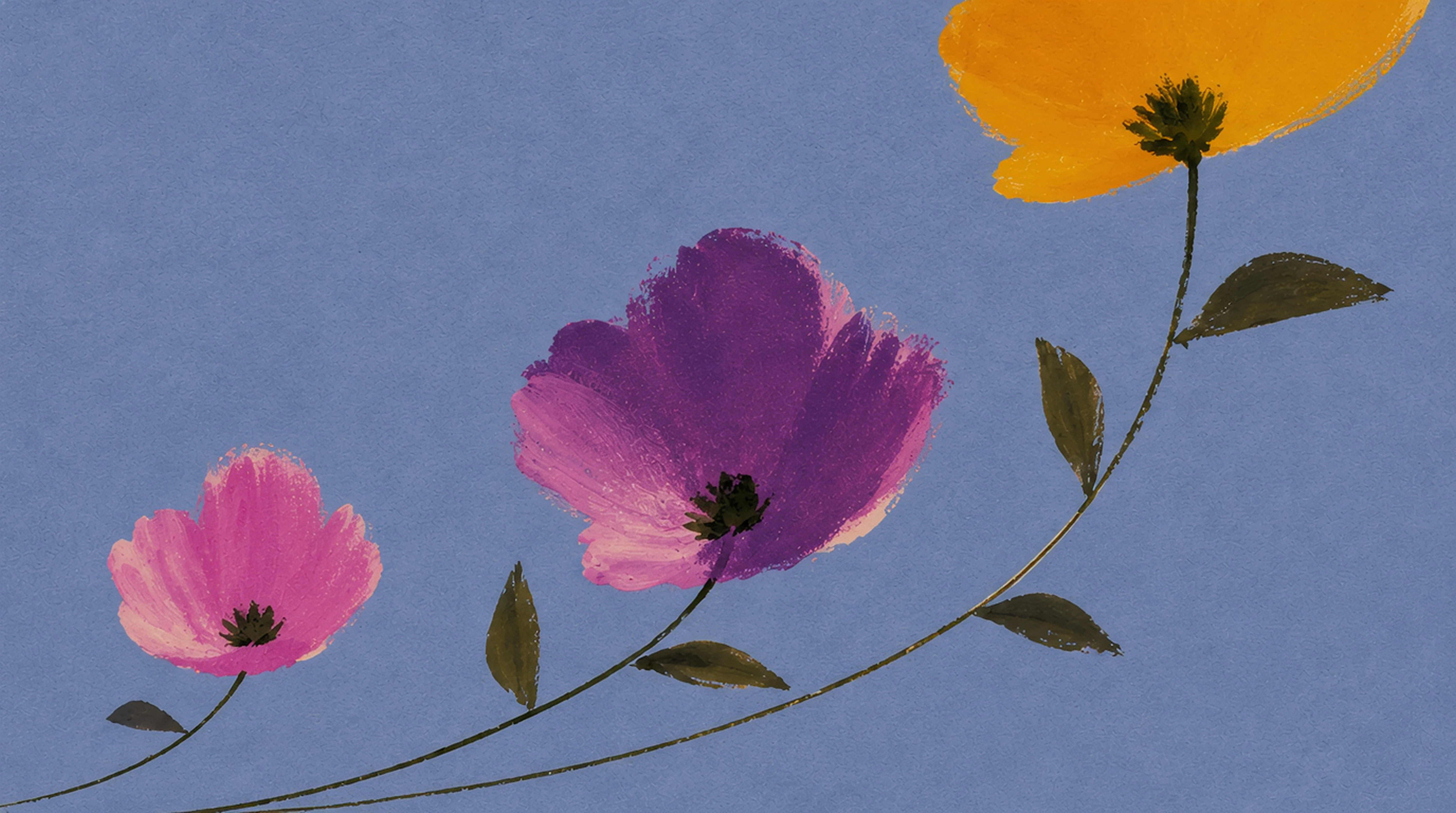A digital painting of a vine bearing three flowers in shades of pink, purple, and yellow against a blue background.