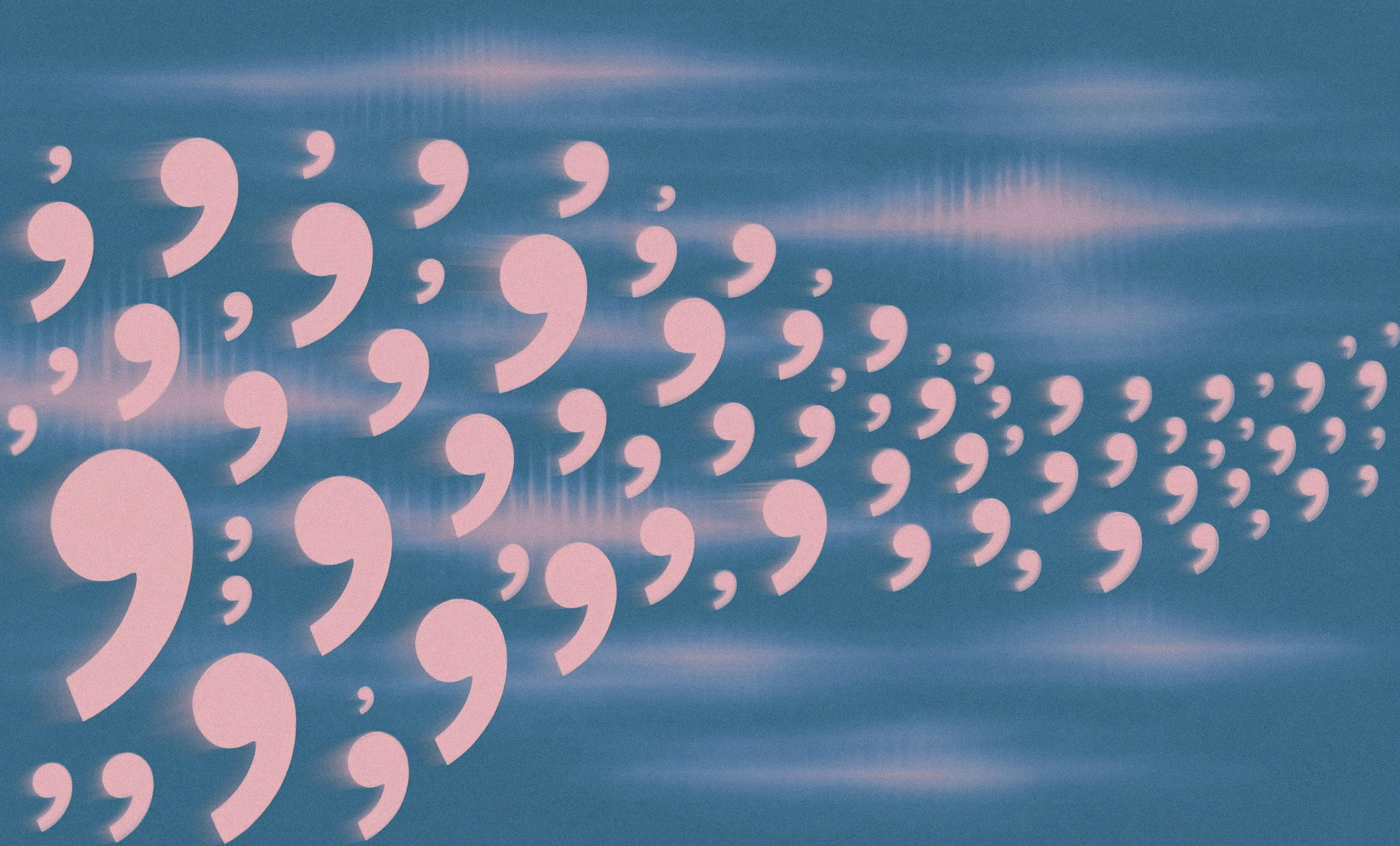 A large group of light pink commas arranged in a flowing wave pattern against a textured blue background.